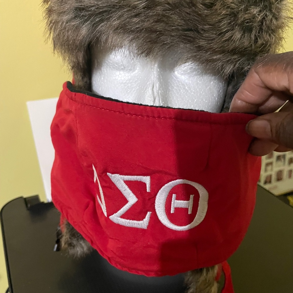 Red Winter  Fur Trapper hat embroidered with the Greek Letters DST